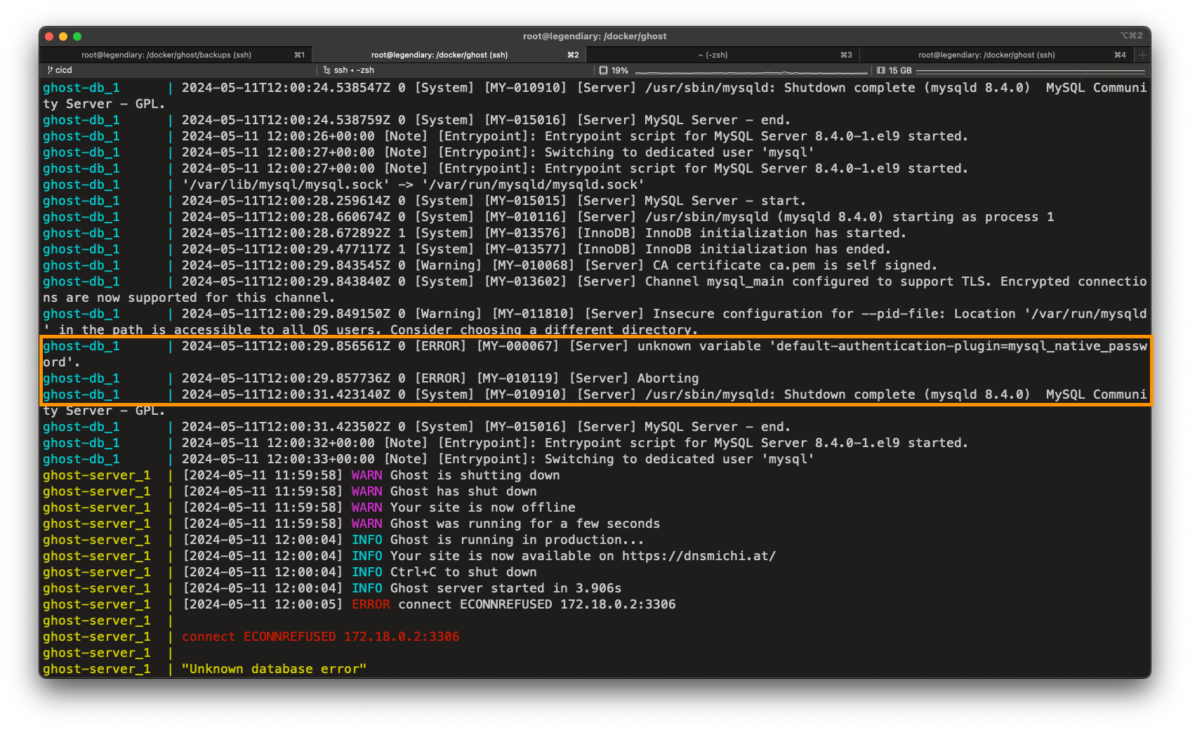 Docker Compose with Ghost and MySQL 8.4, mysql_native_password startup errors - mitigation and solution