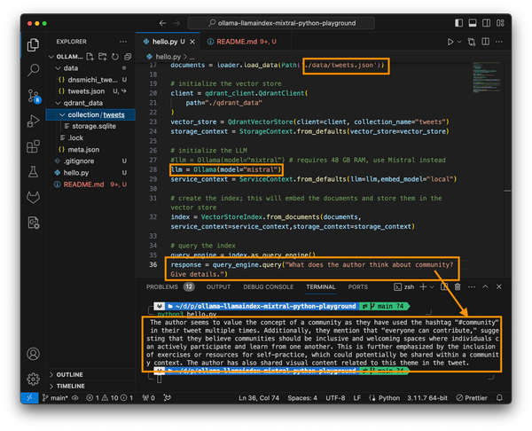 Local Ollama running Mixtral LLM with LLamaIndex, loaded with personal tweet context