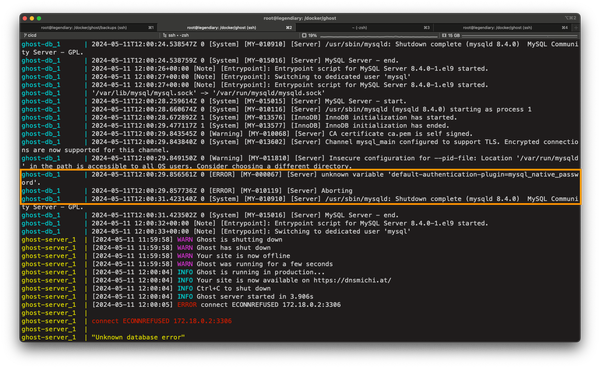 Docker Compose with Ghost and MySQL 8.4,  mysql_native_password startup errors - mitigation and solution